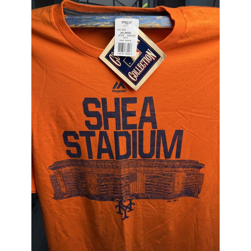 Vintage Majestic MLB New York Mets Shea Stadium T-Shirt 2XL Orange Triple Peak
